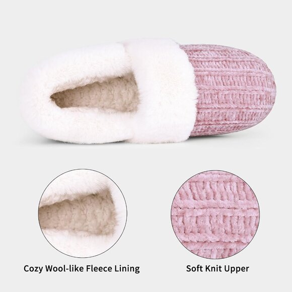 ⚡Women's Pink Fuzzy Memory Foam Slippers Closed Back Knit Slip-On House Shoes - Picture 4 of 6